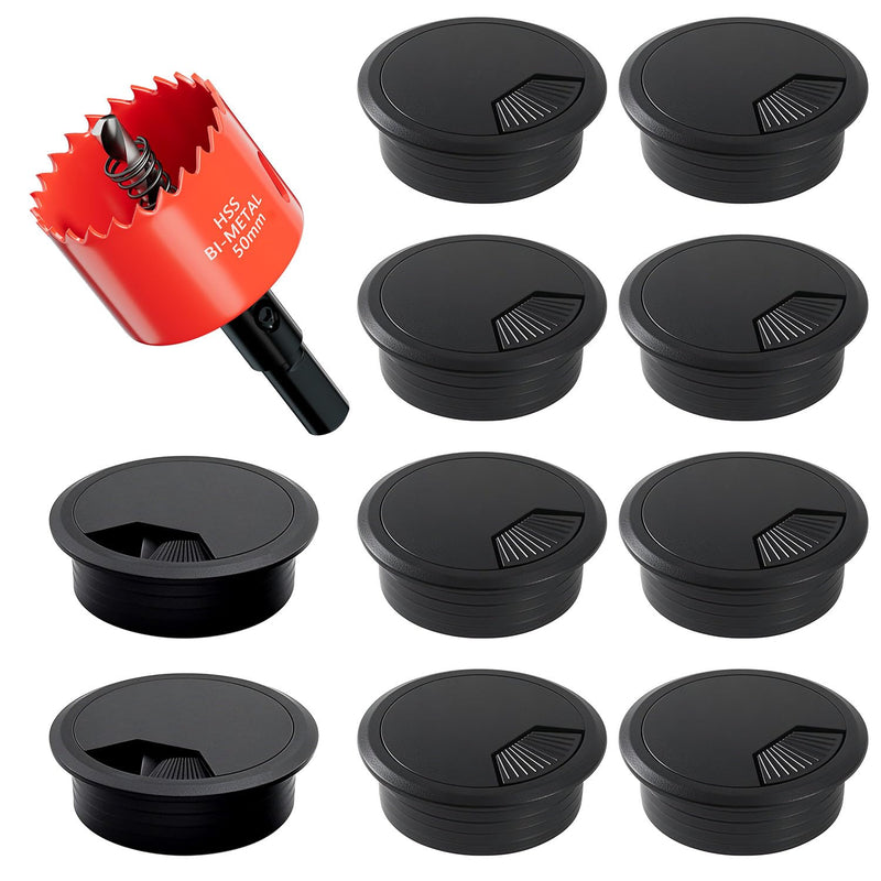 [Australia - AusPower] - Desk Grommet & Cable Grommet 2 Inch (10 Pack) - Black Desk Hole Cover with Hole Saw - Cable Management Kit for Office, TV Stand, Workstation - Hide Wires Behind Wall, Cable Pass Through (50mm) Grommet Black 2"(50mm) 