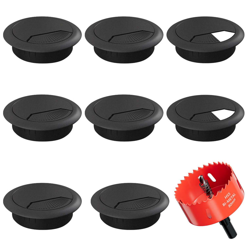 [Australia - AusPower] - Desk Grommet 3-1/8 inch (80mm) - 8 Pack Black Cable Grommet & Desk Hole Cover with Hole Saw for Cables, Cord Management for Office, TV, and Home Table Grommet Black 