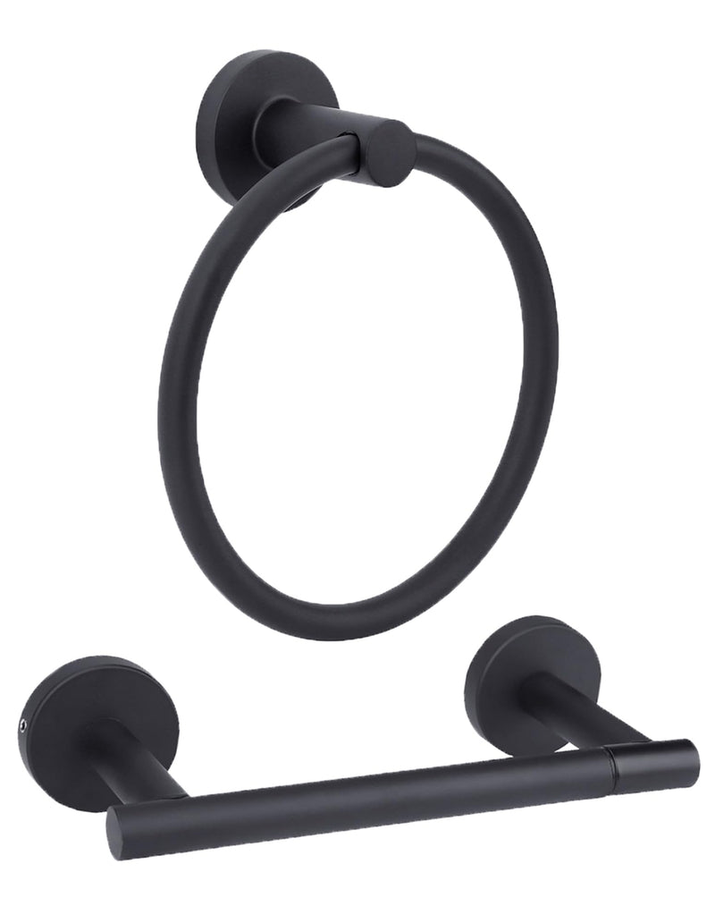 Matte Black Toilet Paper Holder Set, Stainless Steel Towel Ring, Double Post Pivoting Toilet Paper Holder and Hand Towel Holder Set for Bathroom,Bathroom Hardware Accessories Set Black Matte Black