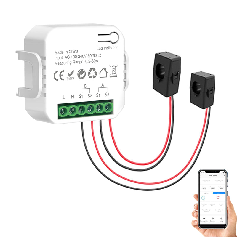 [Australia - AusPower] - WiFi Smart Energy Meter: Dual Channel Smart Energy Monitor, Smart Power Meter with 2 80A CT Clamp, App Remote Monitoring, Real Time Data, Tuya Smart/Smart Life App Control Smart Home Energy Monitor 
