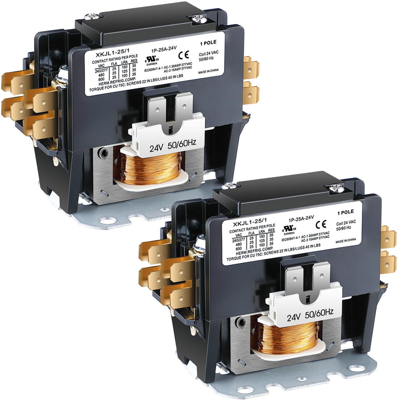 Dreyoo 2 Pack Carrier HVAC Motor Contactor, 24V 25 Amp Coil 1 Pole Replacement Relays Compatible with C230B, Air Conditioner, Heat Pump, Refrigeration Systems