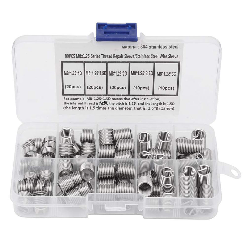 [Australia - AusPower] - 80Pcs M8x1.25 Threaded Inserts, Stainless Steel Thread Drill Repair Insert Sleeve with Storage Box 