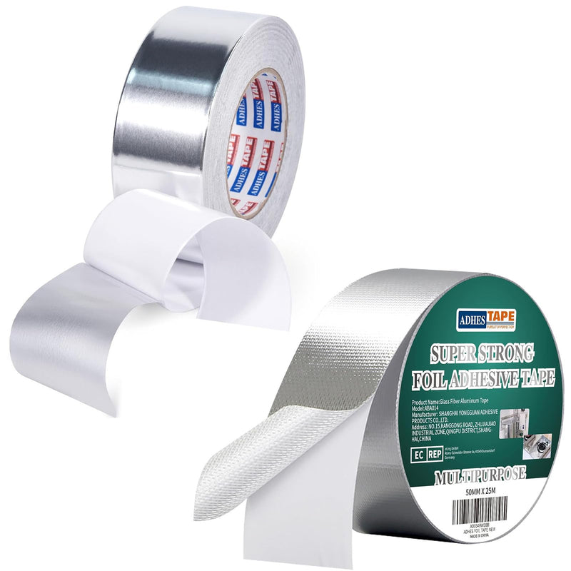 ADHES Premium Aluminum Foil Tape, 2 Inch x 210 Feet (70 Yards)+Professional Glass Fiber Aluminum Foil Tape 50MM X 25M