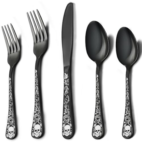 Skull Black Silverware Set for 4, 20-Piece Black Flatware Set, Gothic Skeleton Cutlery for Decoration, Halloween, Christmas, Party, Gift, Housewarming Skull Serving for 4