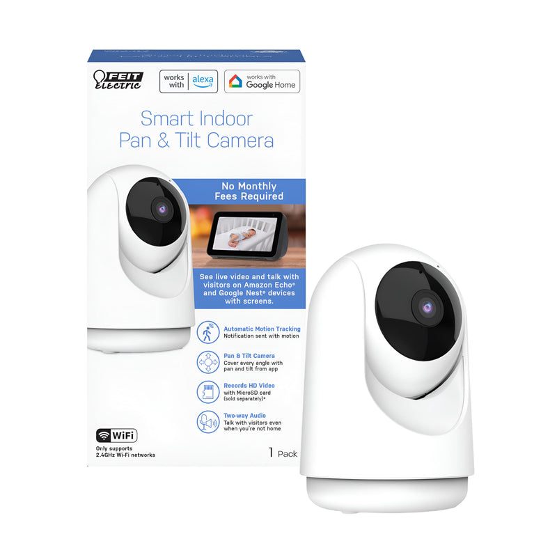 Feit Electric Indoor Security Camera with Motion Detection, 30ft. Night Vision, Pan and Tilt Head, 2.4GHz WiFi, 2-Way Audio, 1080p HD, Works with Alexa & Google Asst, Plug-in, White, CAM/PAN/WiFi/G2 PLUG-IN DESK CAMERA