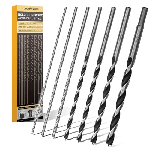 Wood Drill Bit Set 7-Piece HSS-G Auger Drill Bit Set | Wood drill bit long, diameter 4 mm, 5 mm, 6 mm, 7 mm, 8 mm, 10 mm, 12 mm x 230 mm 7-piece wood drill set