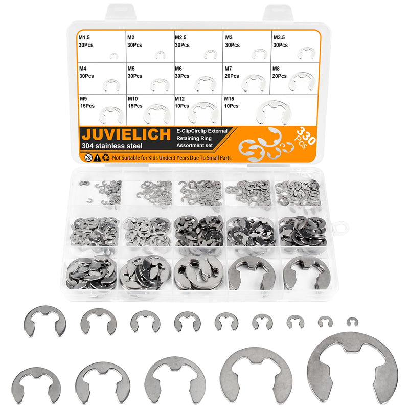 [Australia - AusPower] - E Clip Circlip Assortment Kit 330PCS 14 Size 304 Stainless Steel External Retaining Rings Washer Circlip Rings Kit Metric E Clip for Bearings Gears Pulleys,Axles Includes Sizes of M1.5-M15 Silver Stainless 330PCS E-Clips 