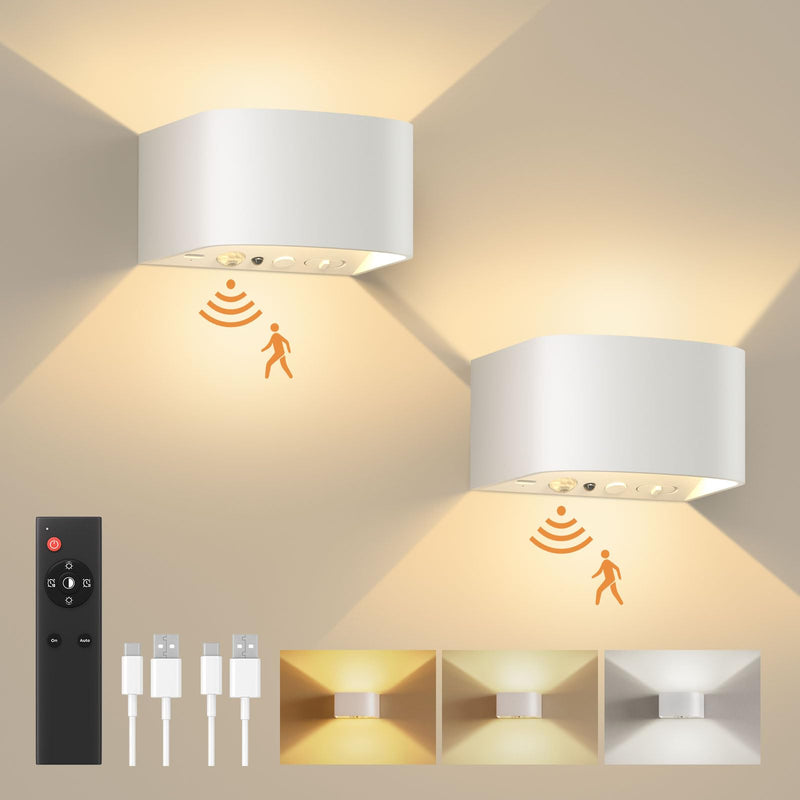 FULEN Motion Sensor Wall Light with Remote Control 3 Colors Wireless Wall Sconces LED Indoor Up and Down Wall Lamp 5000mAh Rechargeable Battery Powered Wall Lamps Brightness Adjustable, White 2 Pack White - 2 Pack