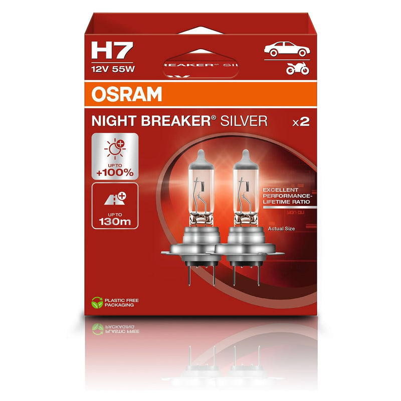 Osram Night Breaker Silver H7, +100% More Brightness, Halogen Headlight Bulb, 64210NBS-2HB, 12 V Car, Hanging Box (2 Lamps) | Halogen Headlight Bulb, 64210NBS-2HB, 12V Car, Hanging Box (2 Lamps) 2 Lamps