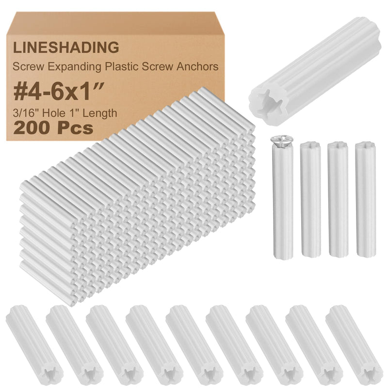 [Australia - AusPower] - 200 Pcs Expanding Plastic Screw Anchors 3/16" Hole White Plastic Anchors for Concrete Masonry Tile Cement Bolt Expansion Tube for #4,5,6 Screws, Fix to Wall Drywall or Other (1") 1" 