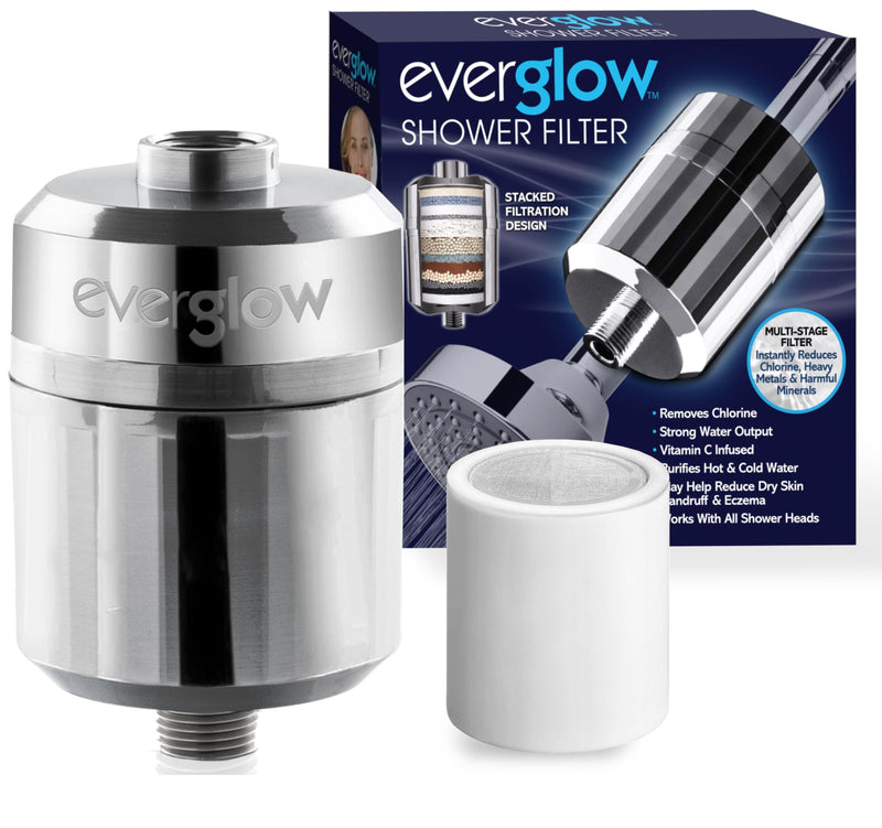 EVERGLOW High-Output Shower Filter, 100% Removes Chlorine, Moisturizes Dry Itchy Skin, Skin and Hair, Helps with Dandruff, Eczema and Vitamin C Infused and Water Softener, 4.7” - Chrome