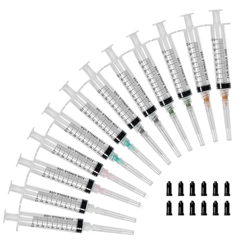 Luer Lock Syringe 10 ml Screw Cap Syringe Reusable Pack of 12 | Threaded Syringe with 14-27G Dosing Needles and Caps Blunt Needle, Dosing Feeding Syringe for Pet Feeding Watering