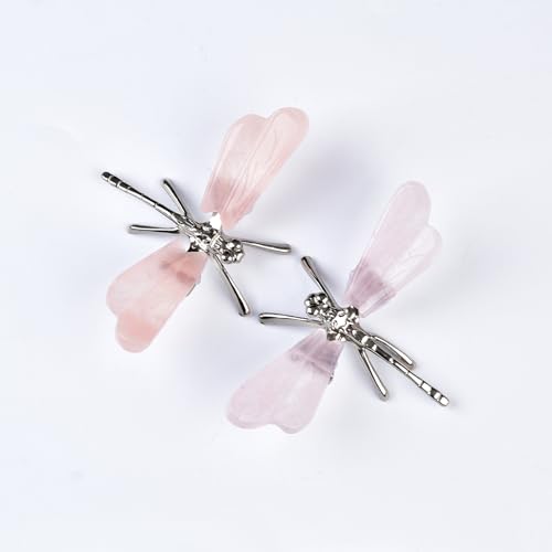 JIC Gem 2Pcs Natural Rose Quartz Crystal Dragonfly Figurines Pink Crystal Dragonfly Decoration Handmade Silver Dragonfly Crystal Healing Stone 4.0-4.5 Inch