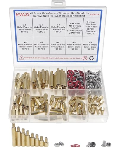 HVAZI 230-piece M4 brass male-female hex standoffs, screws, nuts and washers assortment kit