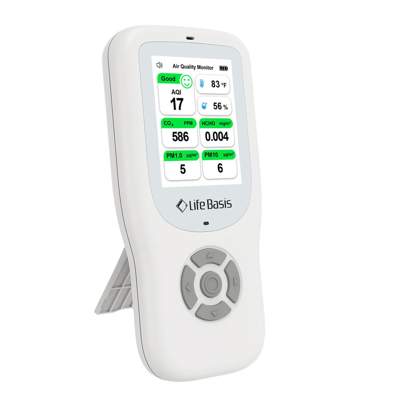 LifeBasis Air Quality Monitor Indoor, 10-in-1 Air Quality Detector with Stand, Real-Time Air Meter Test AQI, PM1.0, PM2.5, PM10, CO2, TVOC, HCHO, Particles, Temperature and Humidity with Alert -White White
