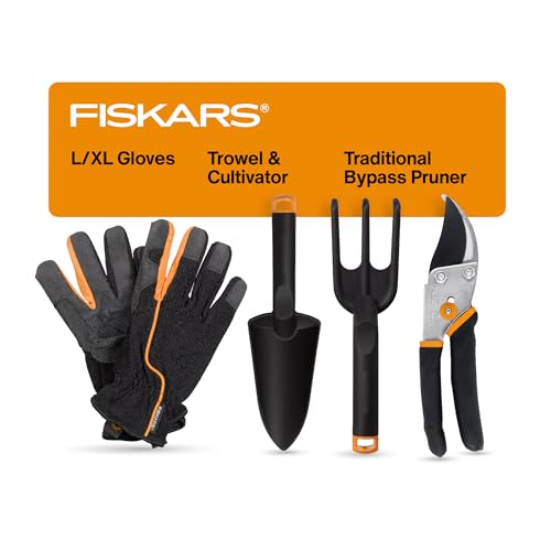 Fiskars 4-piece houseplant tool set with pruning shears, trowel, cultivator and L/XL gloves