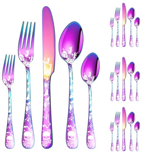 XIAOYU Halloween Themed Skeleton Silverware Set for 4, 20-Piece Stainless Steel Flatware Set, Gothic Skeleton Pattern Decorative Cutlery Set, Halloween Easter and Christmas Tableware, Rainbow Purple, Red, Orange, Yellow, Green, Blue, Indigo, Violet