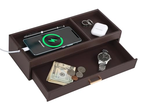 HofferRuffer Valet Jewelry Tray Organizer with Drawer, Faux Leather Storage Catchall Box Phone Charging Station Tray with Dresser Nightstand Desktop Drawer Organizer (Dark Brown) Dark Brown