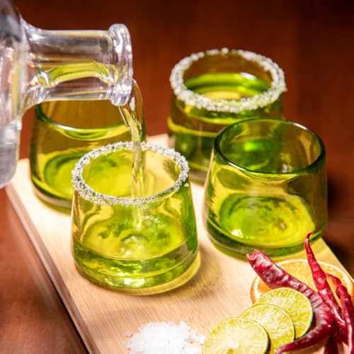 Mezcal & Tequila Sipping Glasses - Set of Four | Artisan Hand Blown Glass from Mexico | Handmade Copitas - Mezcal & Tequila Gift Set | Taste of Mexico in Every Sip Lime Green