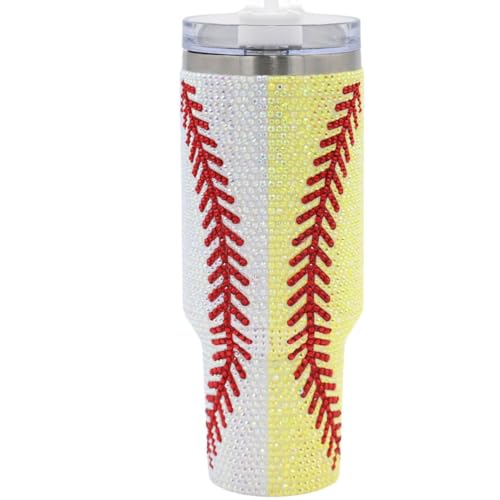 Baseball Softball 40 Oz Rhinestone Bling Tumbler Cup Handle Straw
