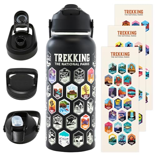 Trekking The National Parks Water Bottle with 63 Waterproof Stickers & 3 Lids (Straw, Spout, & Chug) | 32 Oz Insulated Wide Mouth Stainless Steel Bottle for Camping & Hiking | BPA-Free and Leak-Proof Black