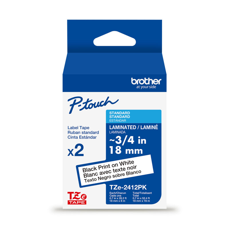 Brother Genuine TZe241~3/4" 2PK Black Print on White Label Tape. Each: 0.7 in x 26.2 ft (18 mm x 8 m) Total: 0.7 in x 52.4 ft (18 mm x 16 m) Black on White Pack of 1 Laminated Label Tape New Packaging (Pack of 2)