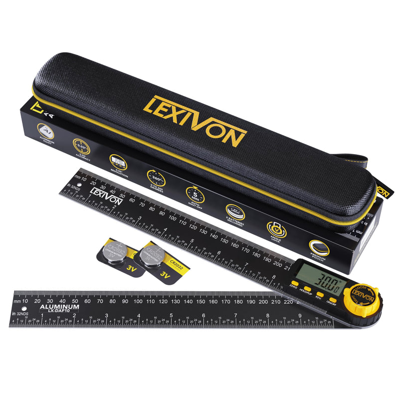 [Australia - AusPower] - LEXIVON Aluminum Digital Angle Finder Gauge, 10-inch/250mm Multi-Purpose Protractor, Includes XL Display and Rugged Zippered Pouch (LX-DAF10) 10 Inch 