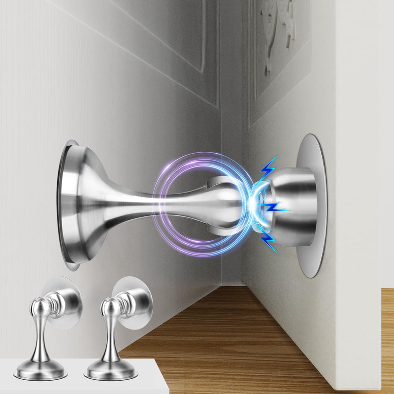 [Australia - AusPower] - Magnetic Door Stopper Door Catch - 2 Pack Stainless Steel Heavy Duty Door Holder Stops for Bottom Top of Door - Wall Floor Mounting No Drill 3M Adhesive & Screws Strong Magnet Keep Door Open, Silver Silver 2 Pack 
