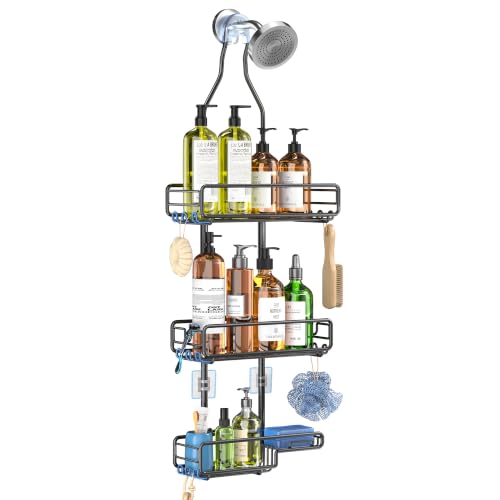 Skyapex Shower Caddy Hanging Bathroom Organizer: Over Head Adjustable Rack for Tall Showerhead - Extra Large Storage Shelf for Big Shampoo Bottles with Soap Holder Black