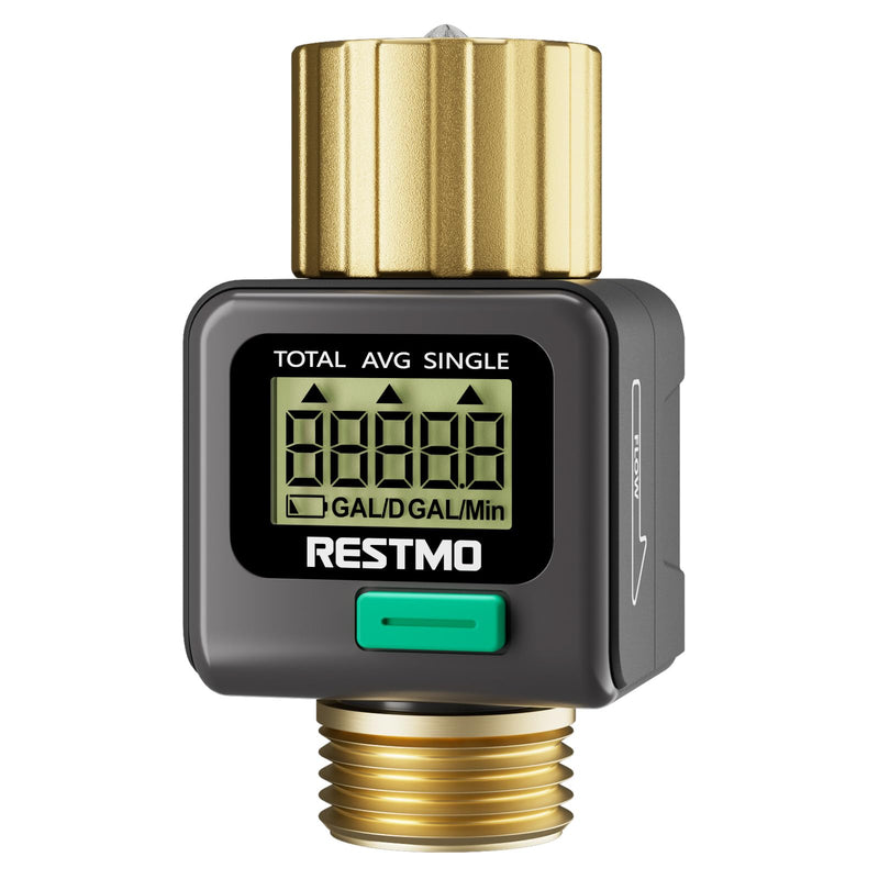 [Australia - AusPower] - RESTMO Water Flow Meter with Brass Inlet & Outlet, Measure Gallon/Liter Consumption and Flow Rate for Outdoor Garden Hose Watering, RV Water Tank Filling, Lawn Sprinkler and Nozzle Sprayer Gray 1 Pack 