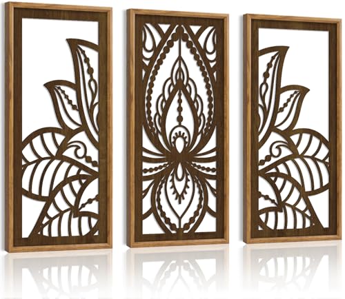 HPNIUB 3PCS Lotus Flower Wall Decor, Mandala Carved Wood Sign for Yoga Room, Spiritual Meditation Wooden Hanging Plaque Home Decor for Living Room Office Bathroom Decoration(8x16Inch) Mandala Flower Wooden Wall Art