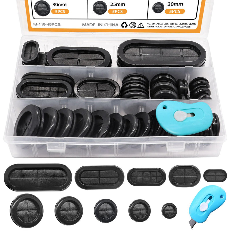 mankk 45PCS Rubber Grommet Kit 10 Size Oval and Round Double Sided Rubber Hole Plug Firewall Hole Plug with Retractable Box Knife for Protecting Cable Wire M-119-45PCS 10 Sizes