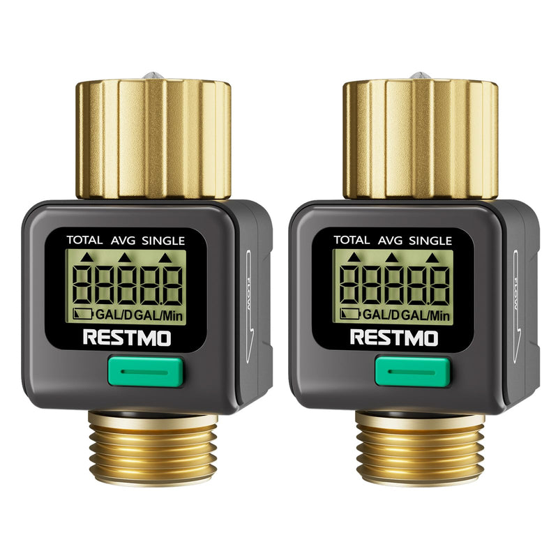 [2 Pack] RESTMO Water Flow Meter, Pure Brass Inlet & Outlet | 4 Measure Modes | Display Gallon/Liter Usage and Flow Rate | Ideal to Outdoor Garden Hose, Lawn Sprinkler Watering, RV Water Tank Filling Gray 2 Pack