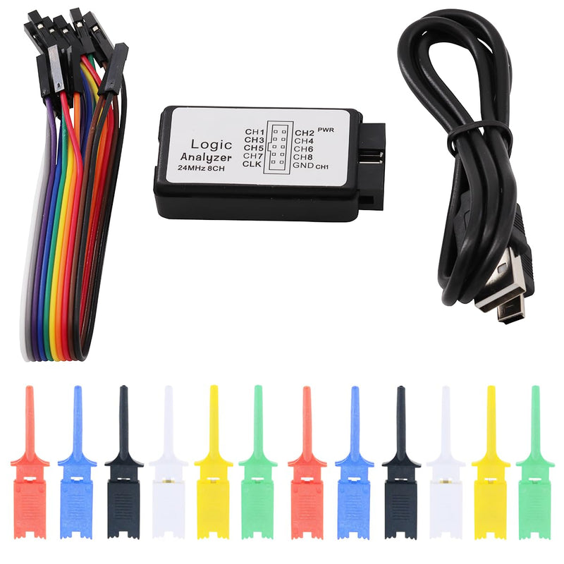 USB Logic Analyzer Device 24MHz 8CH 8 Channel UART IIC SPI Debug with Mini USB Cable + Cable + 12 Pieces Colors Test Hook Clip Set