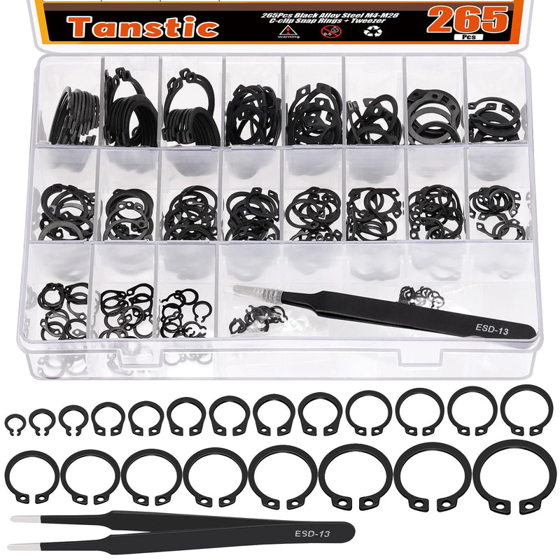 [Australia - AusPower] - Tanstic 265Pcs 21 Sizes External Retaining Rings Snap Rings Assortment Kit Snap Retaining Clip Ring Circlip C-Clip for Axles, Shafts(4mm-28mm) Black 