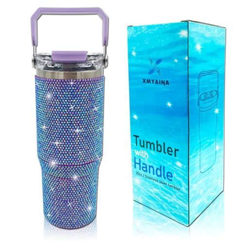 30oz Bling Rhinestone Studded Tumbler with Top Handle and Leakproof Lid Vacuum Insulated Stainless Steel Glitter Crystal Water Bottle with Flip Straw Reusable Cup Outdoors Travel Mugs (Violet) Violet