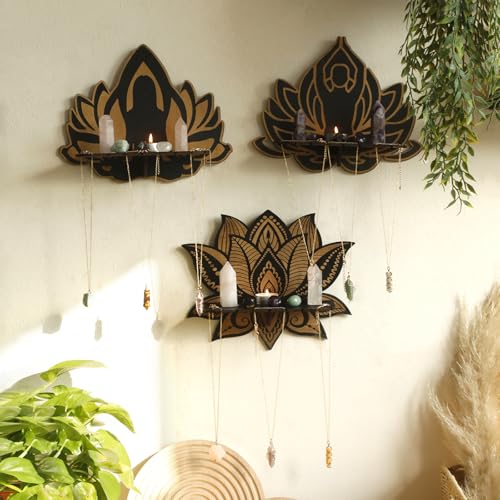 Artilady Lotus Crystal Shelf Display Wall Decor,Witchy Wood Storage Shelves 3 Pcs Lotus Meditate