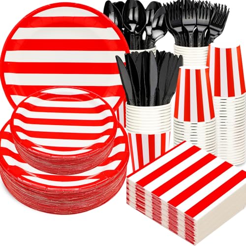 175Pcs Red and White Stripes Party Supplies Set 9"Red and White Striped Plates7"Red carnival Plates Napkins Cup Knive Fork Spoon for Striped Carnival Picnic BBQ Independence Day Party Decor Serve25