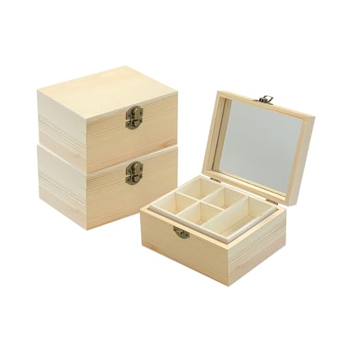 Cregugua 3 Pack Unfinished Surface Wood Jewelry Box (6x4.7x3 in) Small Wooden Chest Case with Glass Mirror