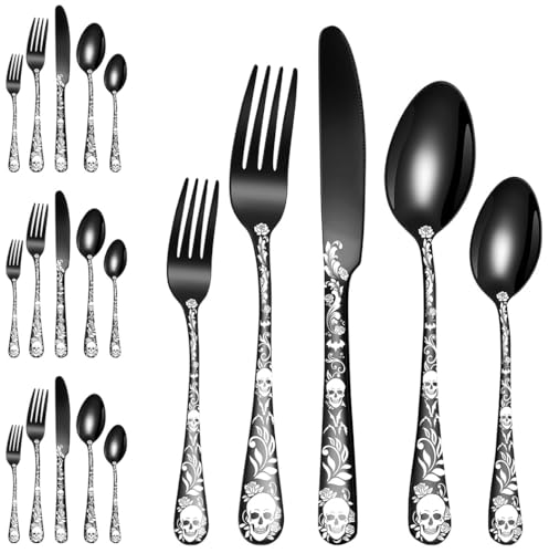 XIAOYU 20 Piece Halloween Skeleton Tableware Silverware Set, Metal Flatware Set Service for 4, Gothic Unique Skull Flower Pattern Design, Skeleton Utensil Cutlery Set for Halloween Easter Christmas Black