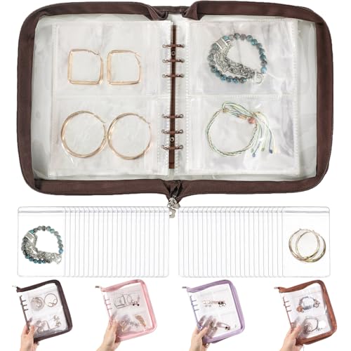 Jewelry Storage Book Transparent Earring Organizer Book travel jewelry organizer Book for Earrings Necklace Bracelet Ring, Brown Brown jewelry book + Large jewelry bags 48 PCS
