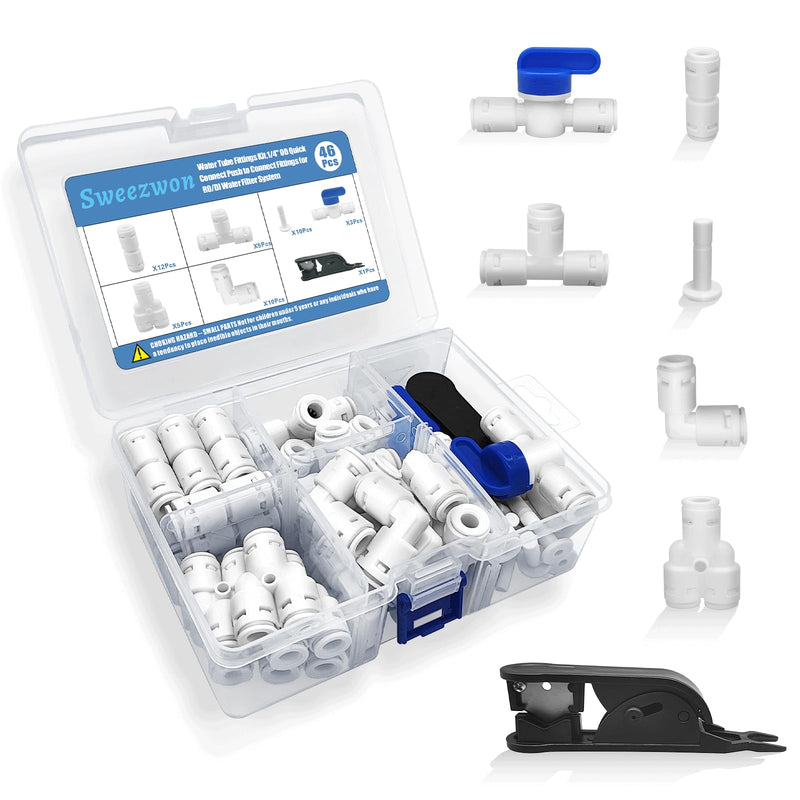[Australia - AusPower] - Water Tube Fittings Kit, 1/4" OD Quick Connect Push to Connect Fittings for RO/DI Water Filter System (Ball Valve+ T+ I+ L+ Y+ Professional Tubing Cutter, 46Pcs) 1/4 inch,46Pcs 