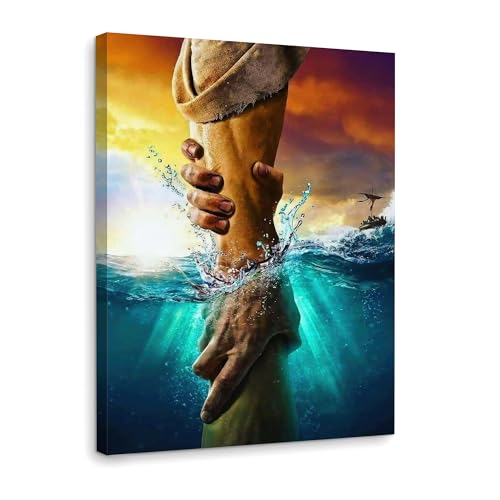 Framed Jesus Christ Canvas Wall Art The Hand of God Jesus Reaching Into Water Christian Painting Prints Biblical Wall Decor Religious Room Decor for Church Prayer Room Schools Hospitals 12" x 16" 16"L x 12"W Jesus 3