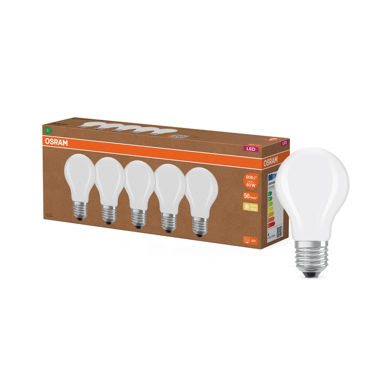 Osram Highly Efficient LED Bulbs with Energy Efficiency Class A, Value Pack of 5 Bulbs, Replaces Conventional 60 W Bulbs, Warm White (2700 K), E27, Matte Glass Matt 5-Pack 60W Replacement Bulb