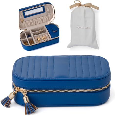 Summer Gift Blue Elegant Oval Jewelry Travel Case | Zip-Closure Jewelry Box with Mirror, Slots for Pendants, Bracelets, Rings & Earrings, Complimentary Dust Bag