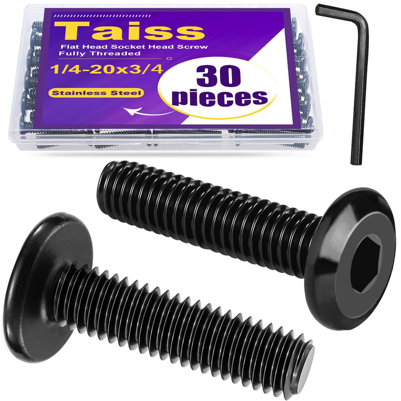 [Australia - AusPower] - Taiss 30pcs 1/4-20 x 3/4" Flat Head Socket Head Screw Furniture Bolts Stainless Steel 18-8(304),Black Zinc Plated Fully Threaded, Countersunk Connector Screws with Hex Spanner SAE-Black 1/4-20 x 3/4" 