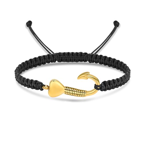 zeqingjw Cremation Ashes Keepsake Heart Fish Hook Urn Bracelet for Ashes Adjustable Black Braided Rope Cremation Bangle Urn Jewelry for Men Women Gold