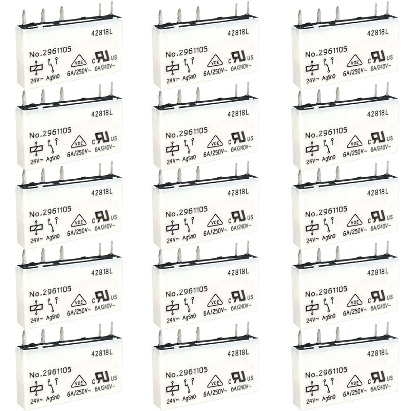 15-Pack No. 2961105 5-Pin Relay, 24V DC 6A Slim Power Relay Replacement for Phoenix Contact REL-MR- 24DC/21, Industrial Interface Electrical Component for PLC Terminal Block and Automation Cabinets 15