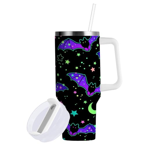 YETTASBIN Halloween Bat 40 oz Tumbler with Handle, Stainless Steel Vacuum Insulated Sports Water Bottle, Leak-proof Travel Coffee Mug Cup with Lid and Straw for Water, Iced Tea or Coffee 40 Ounces