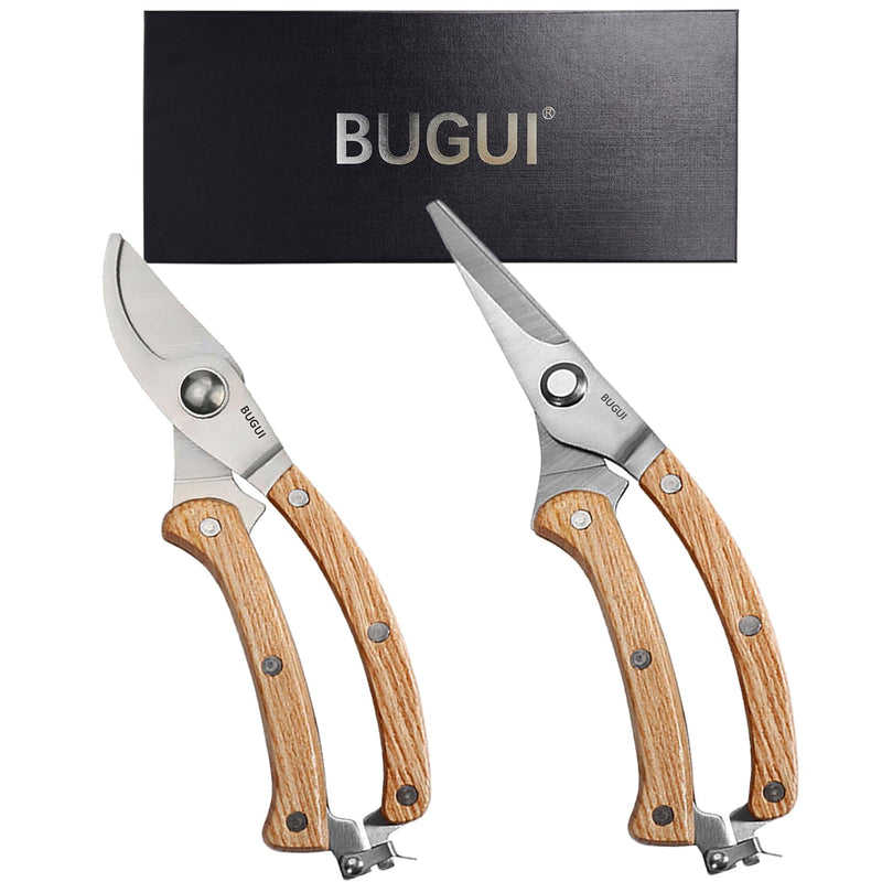 BUGUI 8” Wood Handle Garden Scissors, Set of 2, Includes Bypass Pruning Shears and Long Straight Tip Clippers, Premium Gardening Tools with Precision-Ground SK-5 Steel Blade 8"WoodHandleShearsSet(E023)